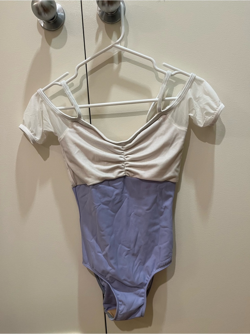 Eleve Dancewear White and Lavender Short Sleeve Ruched Ballet Leotard